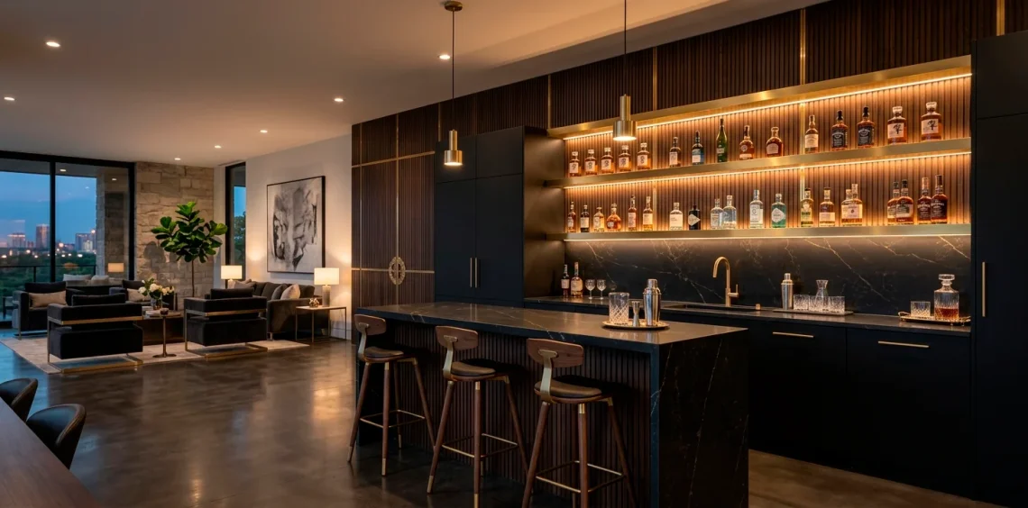 Modern home bar setup with matte black cabinets, quartz countertops, and floating brass shelves.