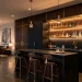 Modern home bar setup with matte black cabinets, quartz countertops, and floating brass shelves.