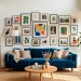A stunning temporary gallery wall hanging seamlessly above a modern living room sofa