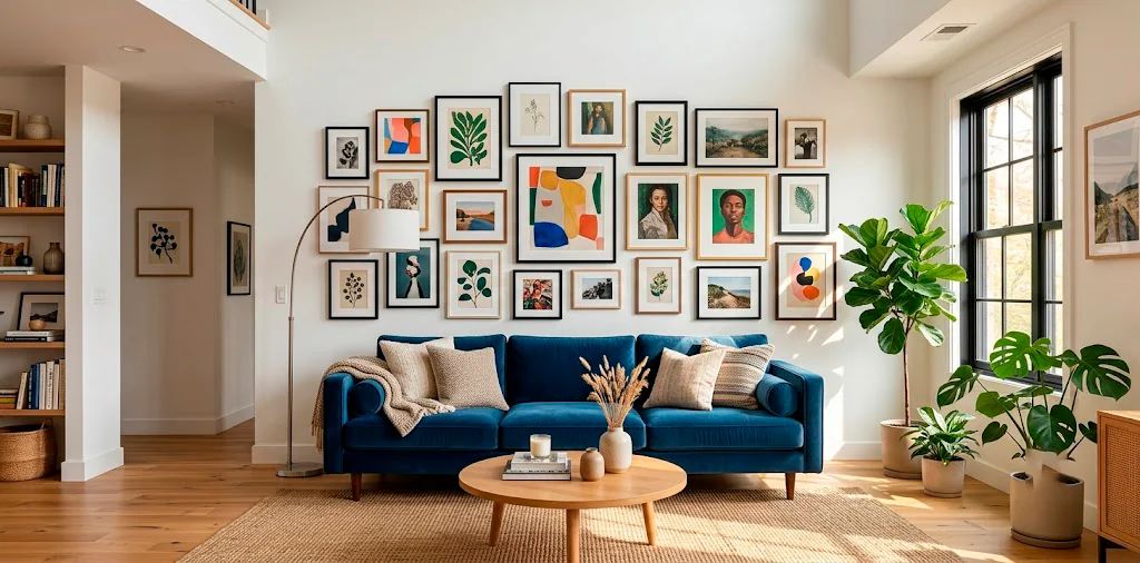 A stunning temporary gallery wall hanging seamlessly above a modern living room sofa