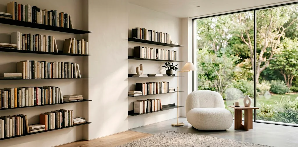 Modern minimalist home library featuring sleek black floating shelves, a white boucle chair, and warm natural lighting.