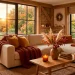 Cozy autumn living room with rust throws, mustard yellow pillows, and golden hour lighting for fall decor.