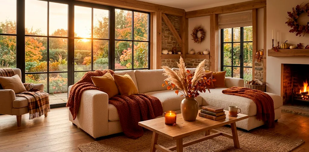 Cozy autumn living room with rust throws, mustard yellow pillows, and golden hour lighting for fall decor.