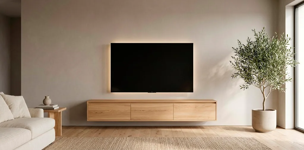 Modern ultra-minimalist living room with a flush mounted TV floating oak console and ambient LED lighting.