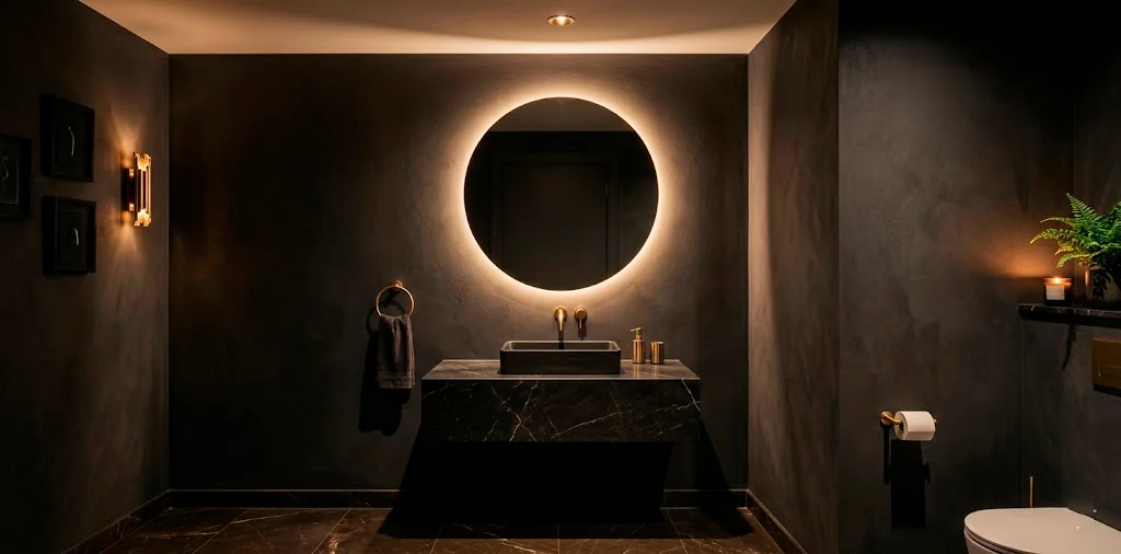 A dramatic and modern tiny powder room featuring dark charcoal walls, a backlit mirror, and a floating marble vanity.