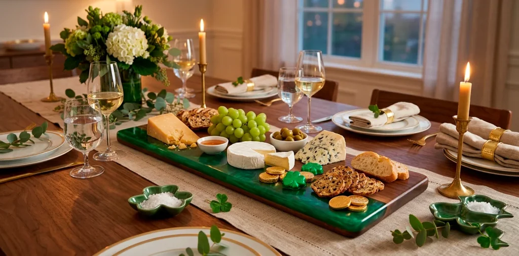 Elegant emerald green and wood appetizer tray filled with cheese and fruit on a festive St. Patrick's Day table setting.