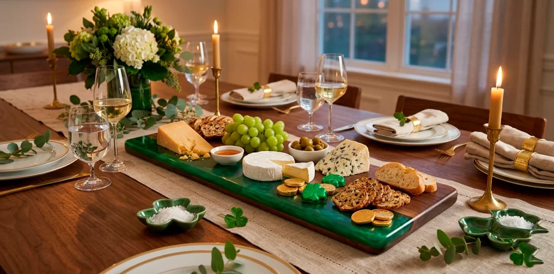 Elegant emerald green and wood appetizer tray filled with cheese and fruit on a festive St. Patrick's Day table setting.