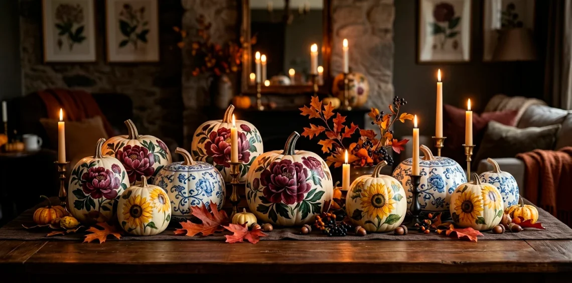 Collection of gallery-inspired painted pumpkins with floral designs arranged on a table with warm candlelight