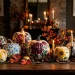 Collection of gallery-inspired painted pumpkins with floral designs arranged on a table with warm candlelight
