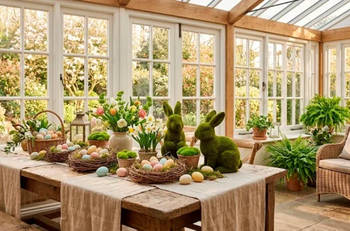 Lush botanical Easter decorations featuring moss bunnies and pastel eggs on a rustic wooden dining table in a sunroom.