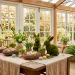 Lush botanical Easter decorations featuring moss bunnies and pastel eggs on a rustic wooden dining table in a sunroom.