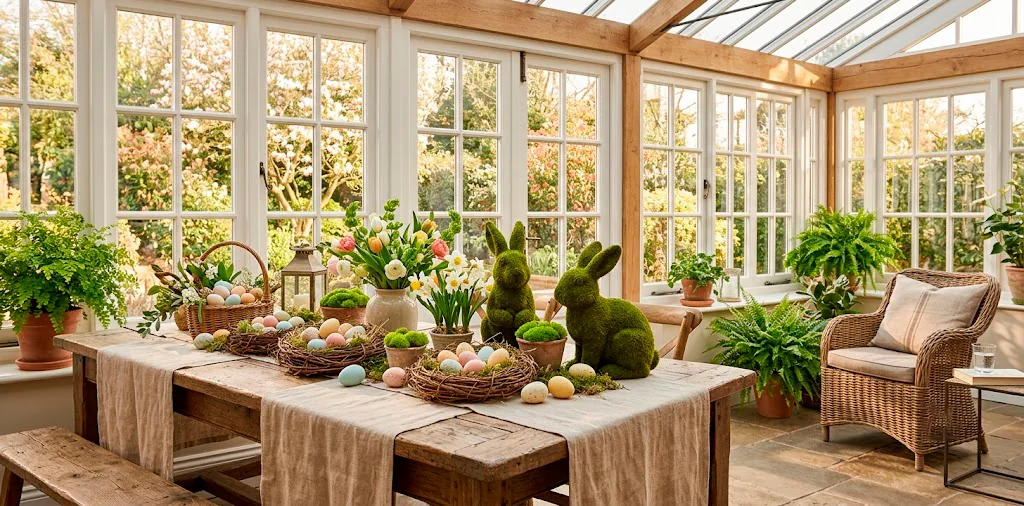 Lush botanical Easter decorations featuring moss bunnies and pastel eggs on a rustic wooden dining table in a sunroom.
