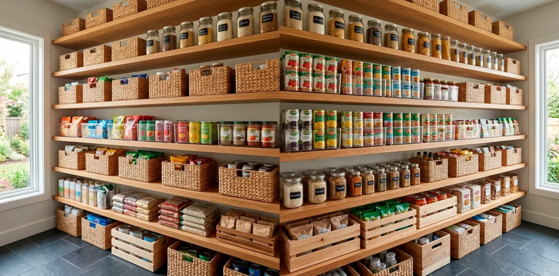Beautifully organized modern home pantry showing neatly arranged canned goods and clear storage bins