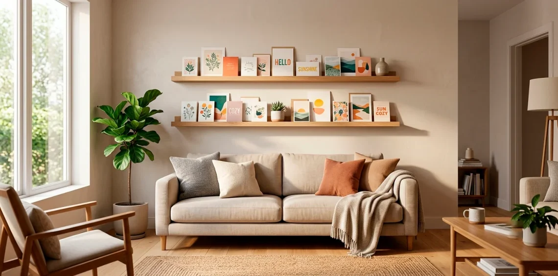 Colorful Mother's Day cards beautifully displayed on wooden floating shelves above a modern living room sofa