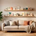 Colorful Mother's Day cards beautifully displayed on wooden floating shelves above a modern living room sofa