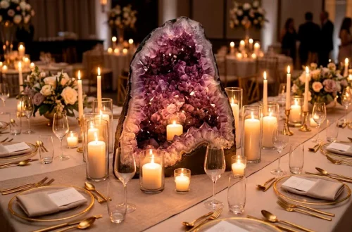 Elegant wedding reception table setting featuring a large amethyst geode centerpiece with soft candlelight and gold tableware.