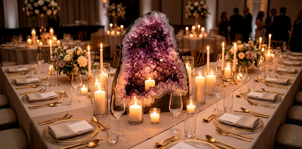 Elegant wedding reception table setting featuring a large amethyst geode centerpiece with soft candlelight and gold tableware.