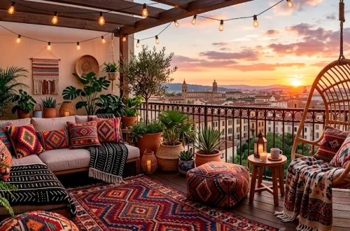 Vibrant boho balcony decorated with colorful global textiles, a Moroccan rug, and warm string lights.
