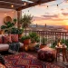 Vibrant boho balcony decorated with colorful global textiles, a Moroccan rug, and warm string lights.