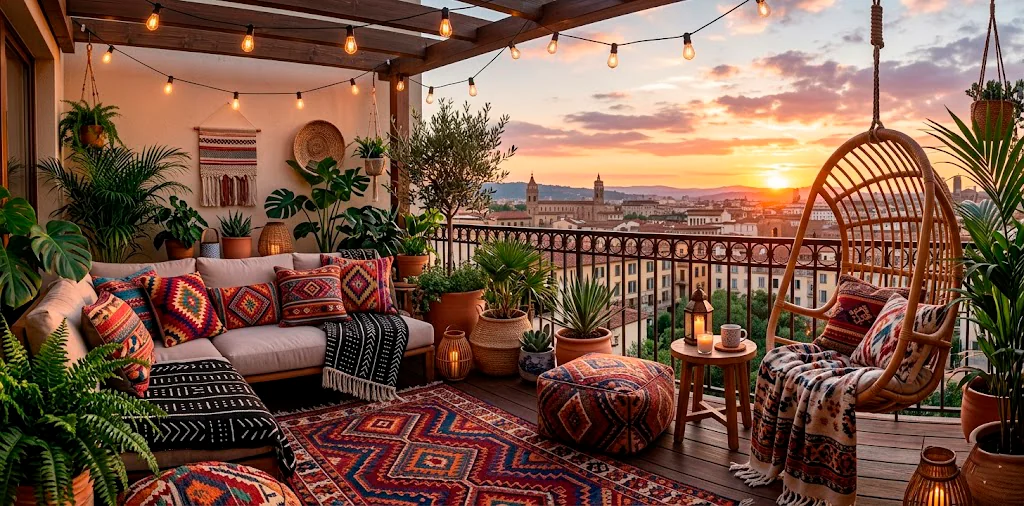 Vibrant boho balcony decorated with colorful global textiles, a Moroccan rug, and warm string lights.