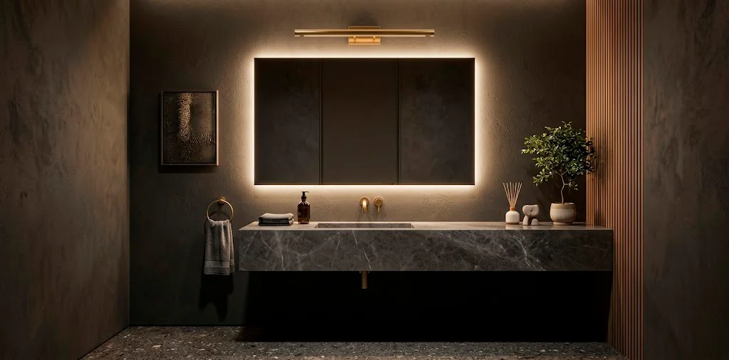 Modern powder room interior with glowing backlit mirror and warm brass lighting elements.
