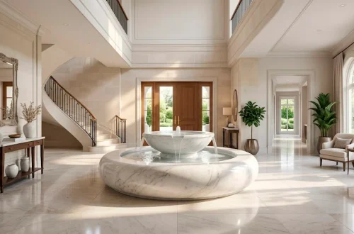 Luxurious modern home entryway featuring a stunning polished white Carrara marble water basin as a grand centerpiece.
