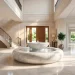 Luxurious modern home entryway featuring a stunning polished white Carrara marble water basin as a grand centerpiece.
