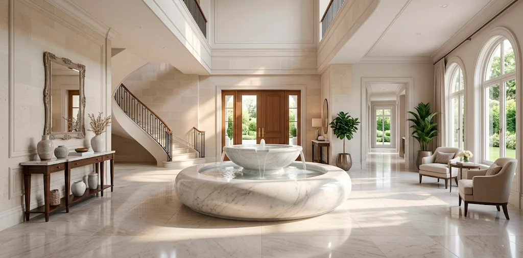 Luxurious modern home entryway featuring a stunning polished white Carrara marble water basin as a grand centerpiece.