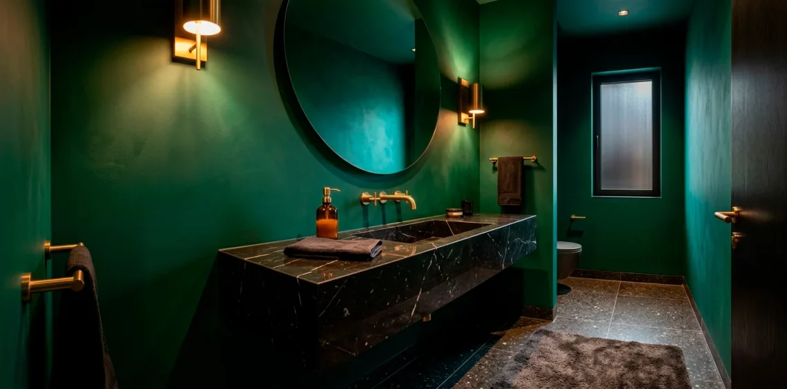 Luxurious modern powder room featuring a floating black marble vanity and emerald green walls.