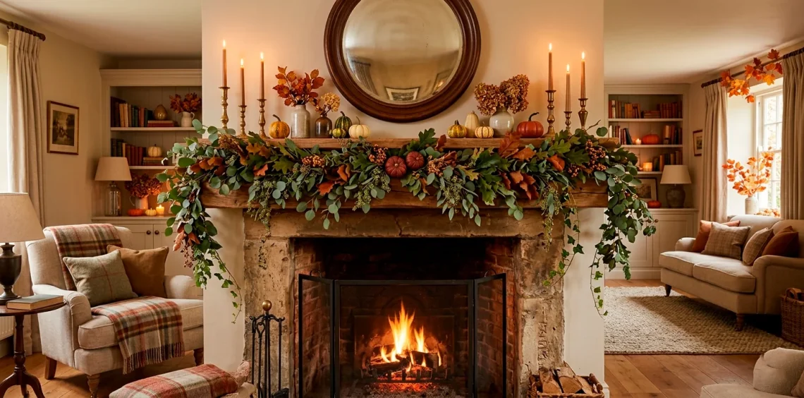 Lush elegant eucalyptus garland on a glowing autumn fireplace mantle with brass candlesticks