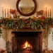 Lush elegant eucalyptus garland on a glowing autumn fireplace mantle with brass candlesticks