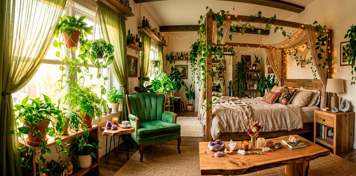 A cozy fairycore studio apartment decorated with trailing plants string lights and a vintage green velvet chair.