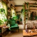 A cozy fairycore studio apartment decorated with trailing plants string lights and a vintage green velvet chair.