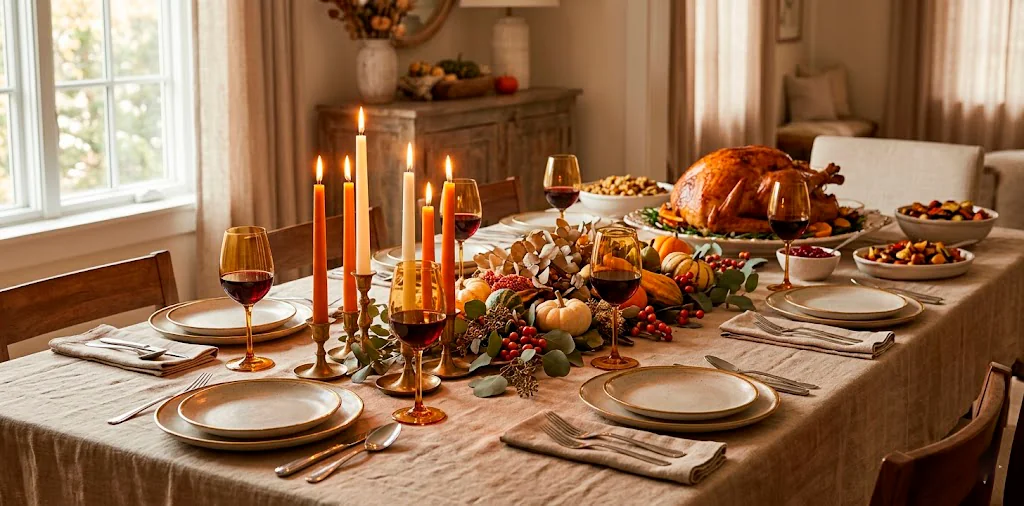 Luxurious Thanksgiving table setting featuring textured beige linen, glowing taper candles, and elegant autumn decor.