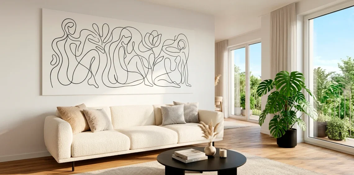 Large minimalist single-line art canvas above a modern boucle sofa in a sunlit living room.