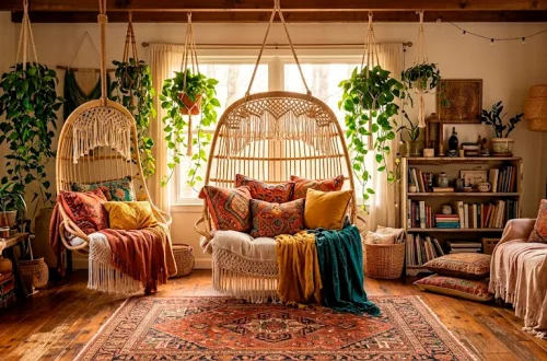 Cozy boho reading nook featuring layered pattern-rich textiles, a rattan chair, and vibrant pillows in earthy tones.