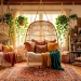 Cozy boho reading nook featuring layered pattern-rich textiles, a rattan chair, and vibrant pillows in earthy tones.
