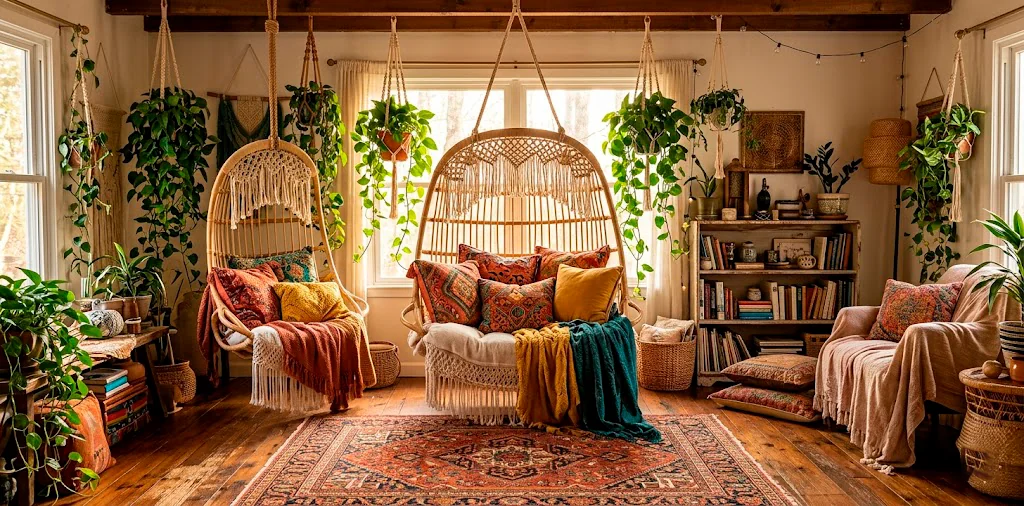 Cozy boho reading nook featuring layered pattern-rich textiles, a rattan chair, and vibrant pillows in earthy tones.