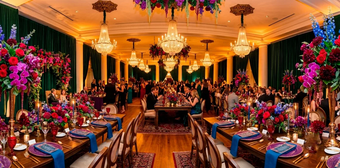 Luxurious maximalist wedding reception hall showcasing vibrant jewel-toned floral arrangements and emerald drapes.
