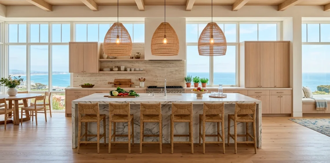 Bright coastal kitchen featuring bleached oak cabinets, woven rattan pendants, and travertine stone backsplash.