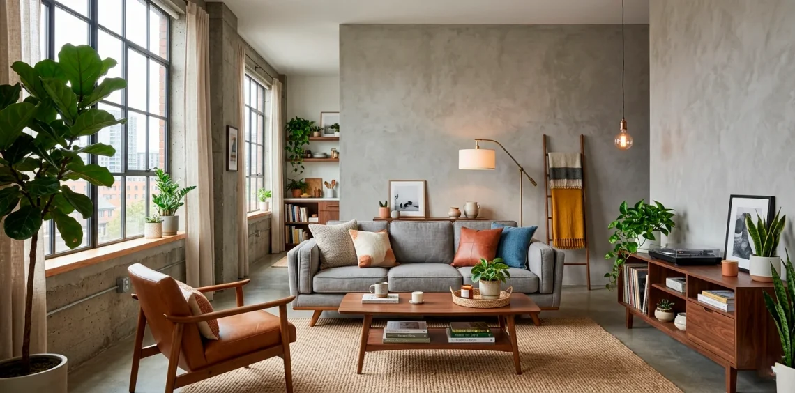 Cozy small apartment living room featuring a concrete accent wall mixed with warm wood tones and lush greenery