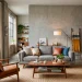 Cozy small apartment living room featuring a concrete accent wall mixed with warm wood tones and lush greenery