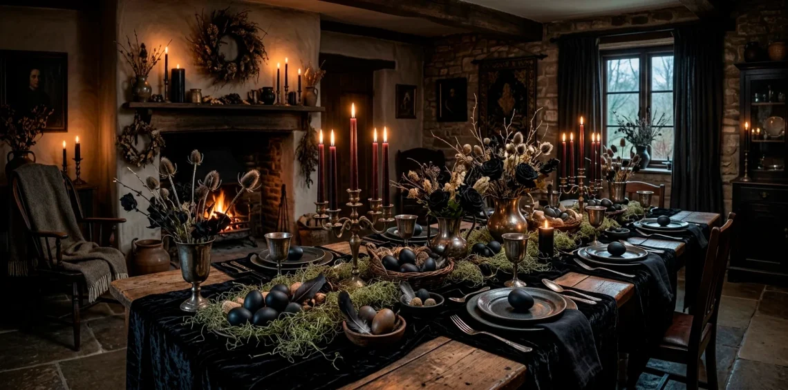 Moody dark cottagecore dining table set for a goth Easter with black eggs, dried florals, and taper candles.