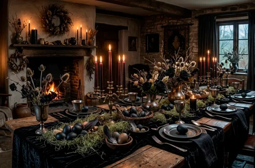 Moody dark cottagecore dining table set for a goth Easter with black eggs, dried florals, and taper candles.