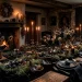Moody dark cottagecore dining table set for a goth Easter with black eggs, dried florals, and taper candles.
