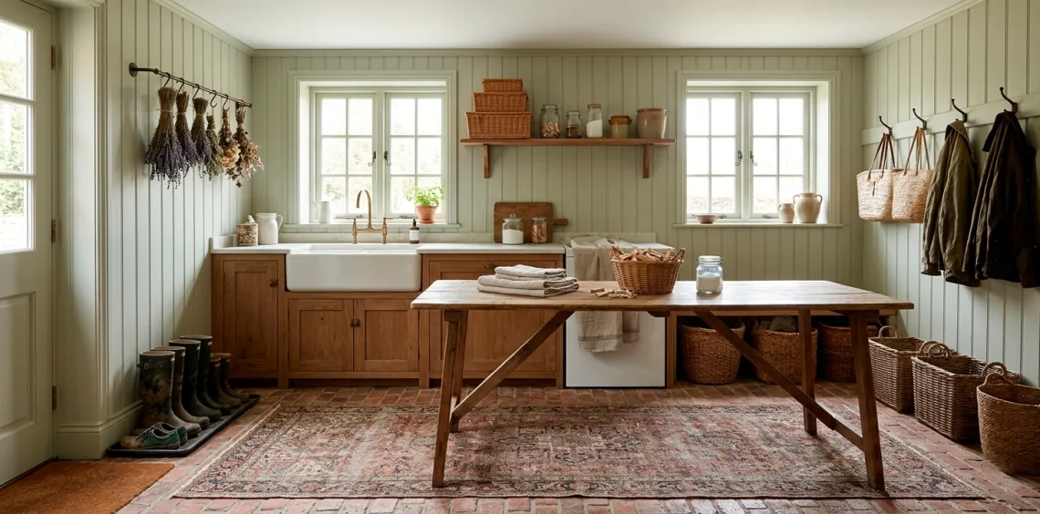 Cozy cottagecore utility space featuring rustic brick floors, sage green beadboard, and vintage decor.