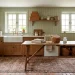 Cozy cottagecore utility space featuring rustic brick floors, sage green beadboard, and vintage decor.