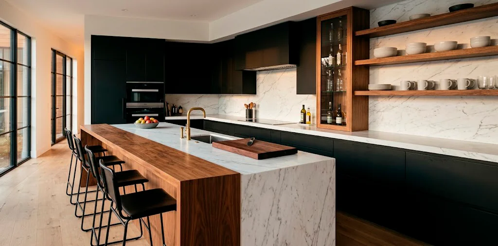 Modern minimalist kitchen with stark white marble, black cabinets, and natural walnut wood accents.