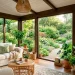 Beautifully furnished sunroom featuring a white sectional sofa, natural rattan coffee table, and large windows