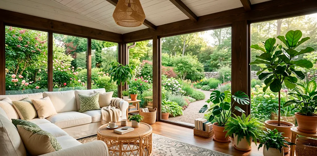 Beautifully furnished sunroom featuring a white sectional sofa, natural rattan coffee table, and large windows